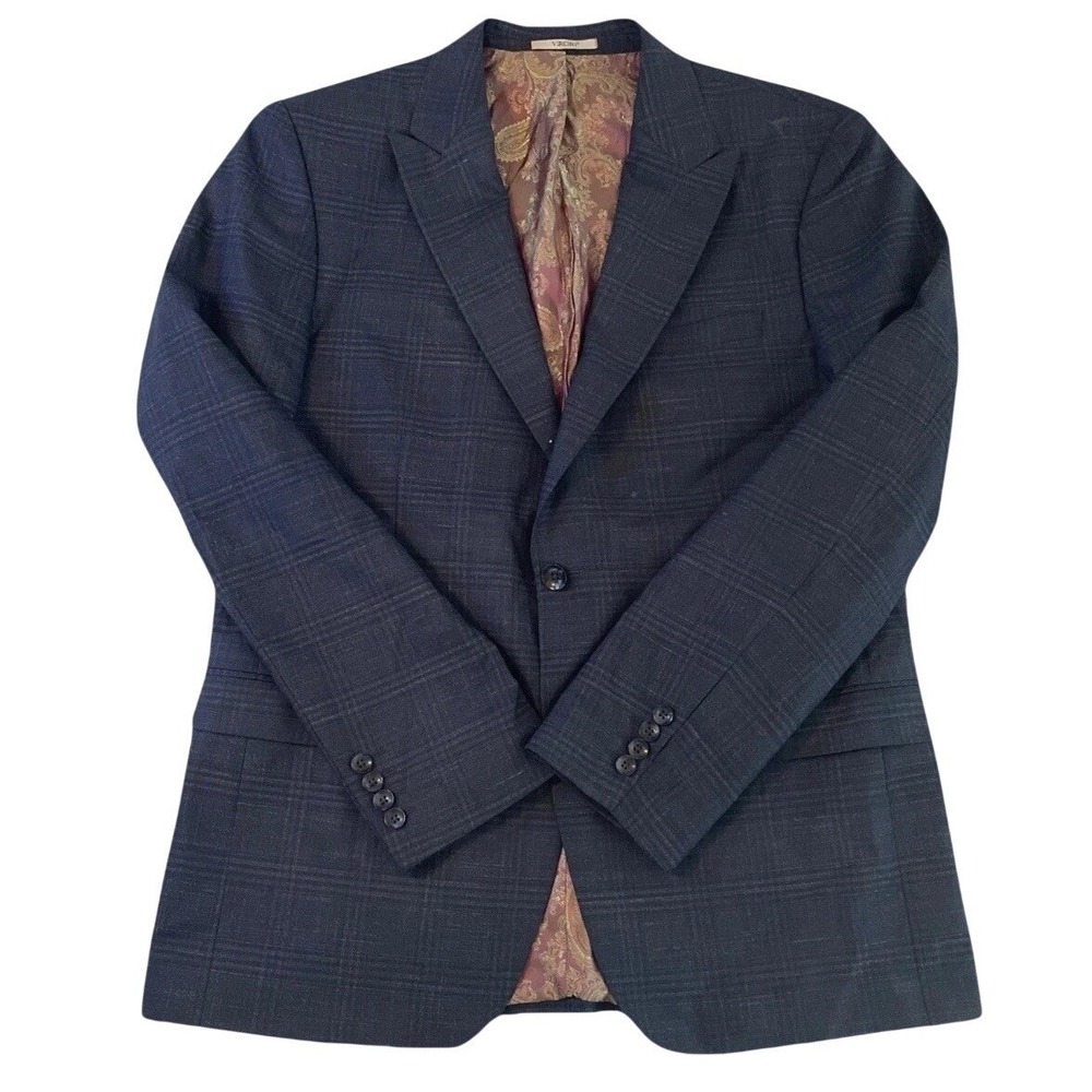 Vercini Plaid Blazer Mens 54 Slim Fit Navy Blue Paisley Lined Sport Coat Turkey
